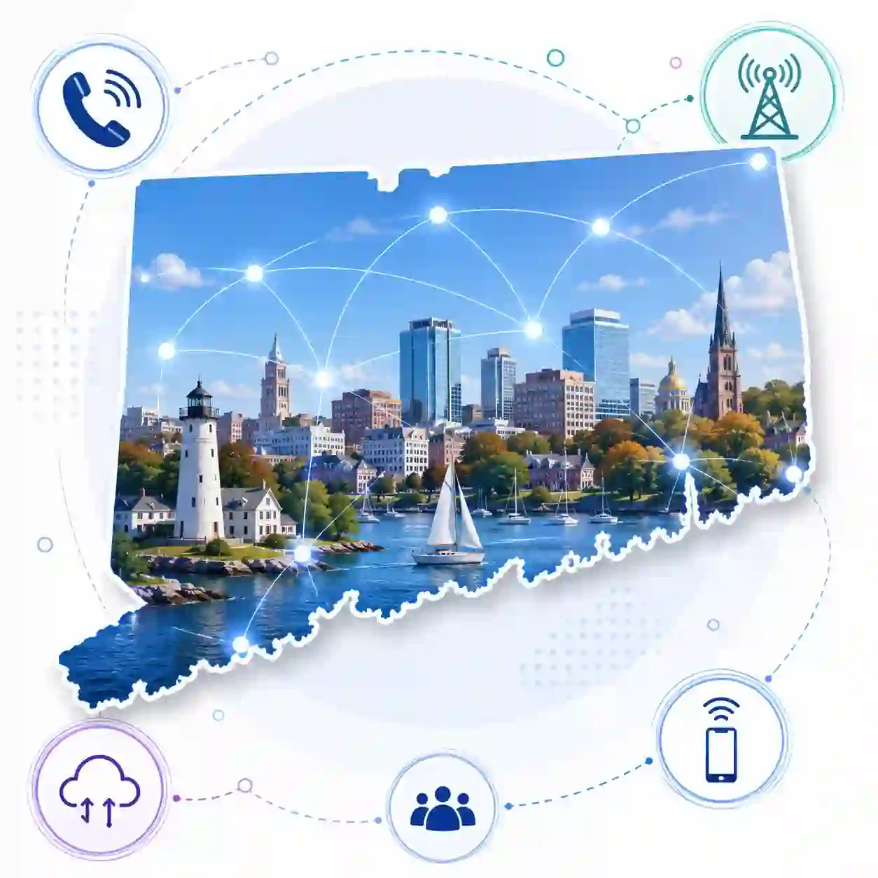 Connecticut state map with icons for mobile, office, remote team and call center connected to a central phone pin